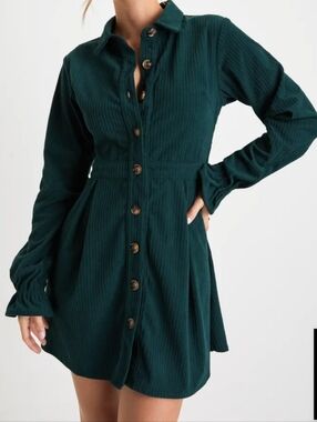 Lulus Emerald Green Corduroy Skater Dress Pockets Sz L Forestcore Academia